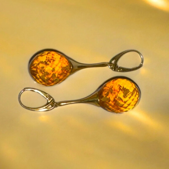 Genuine Faceted Honey Amber Gold/Sterling Dangle Earrings - Picture 7 of 13